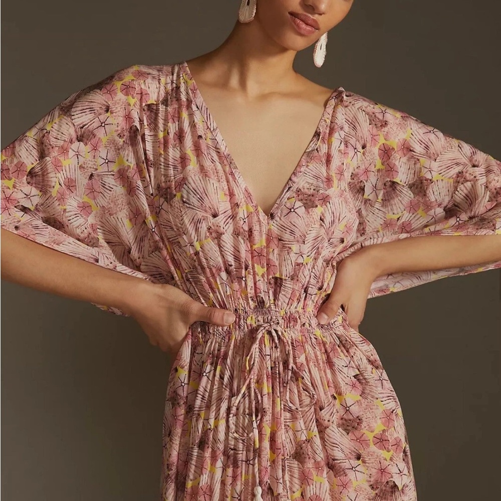 Rujata sheth Boho Floral Pink V-Neck Caftan Dress - Picture 2 of 3